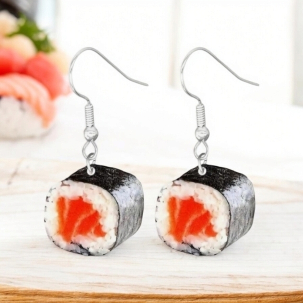 Sushi Roll Design Earrings Doubled Sided Fun Novelty Acrylic